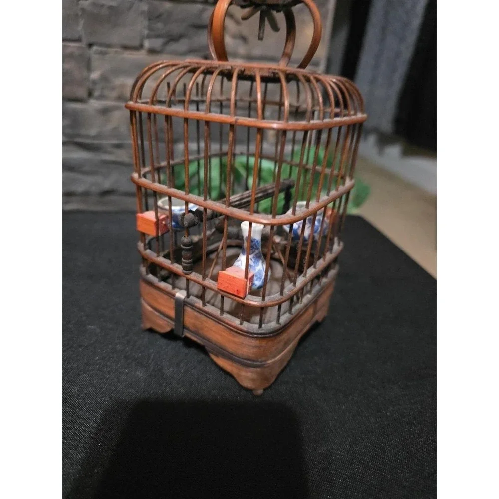 Early 1900's Chinese Bamboo Hand Carved Bird Cage with Porcelain Feed Bowls